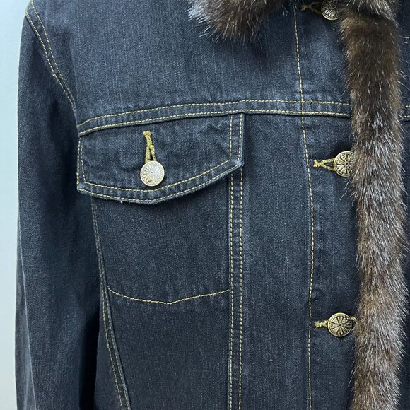 Dennis Basso Denim Jean Jacket With Brown Faux Fur Collar & Cuffs For Women Sz L - Picture 6 of 12